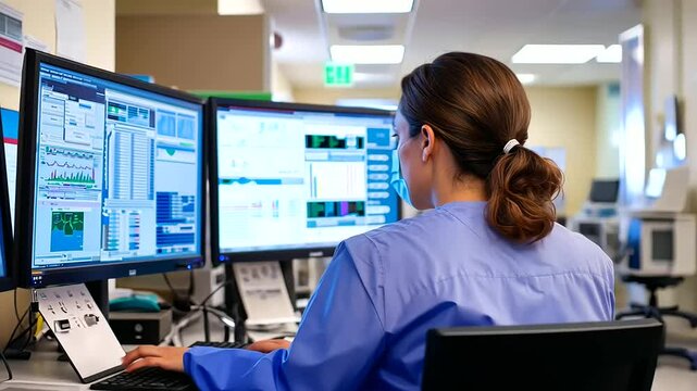 Healthcare Professional Using Dual Monitors in Clinical Office