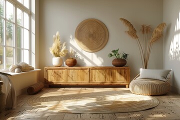 Wooden Cabinet with Space for Artwork – Modern Living Room Mockup Design