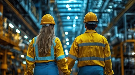 Two workers holding hands in an industrial setting.