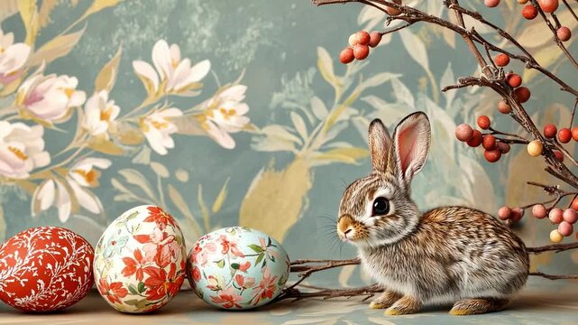 Charming easter bunny with floral eggs and spring branches against a soft botanical background, embracing the joy and rebirth of easter celebration