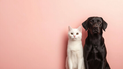 White cat and black dog duo against pastel pink background with empty space. Charming pet care themed banner