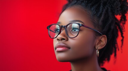Fototapeta premium Isolated portrait a young woman wearing glasses. Vibrant and professional indoor shot.