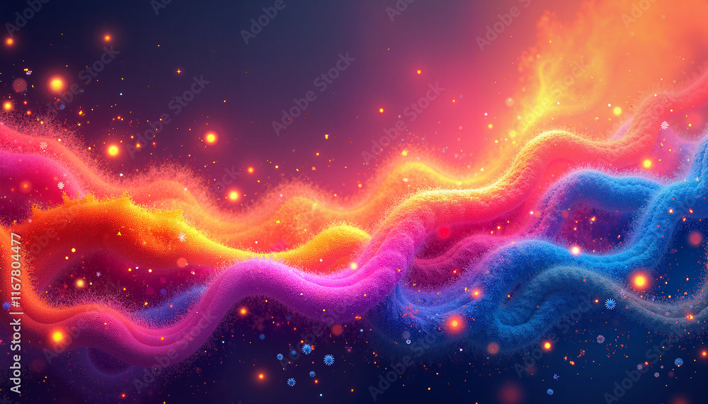 Poster abstract colorful waves with glowing particles