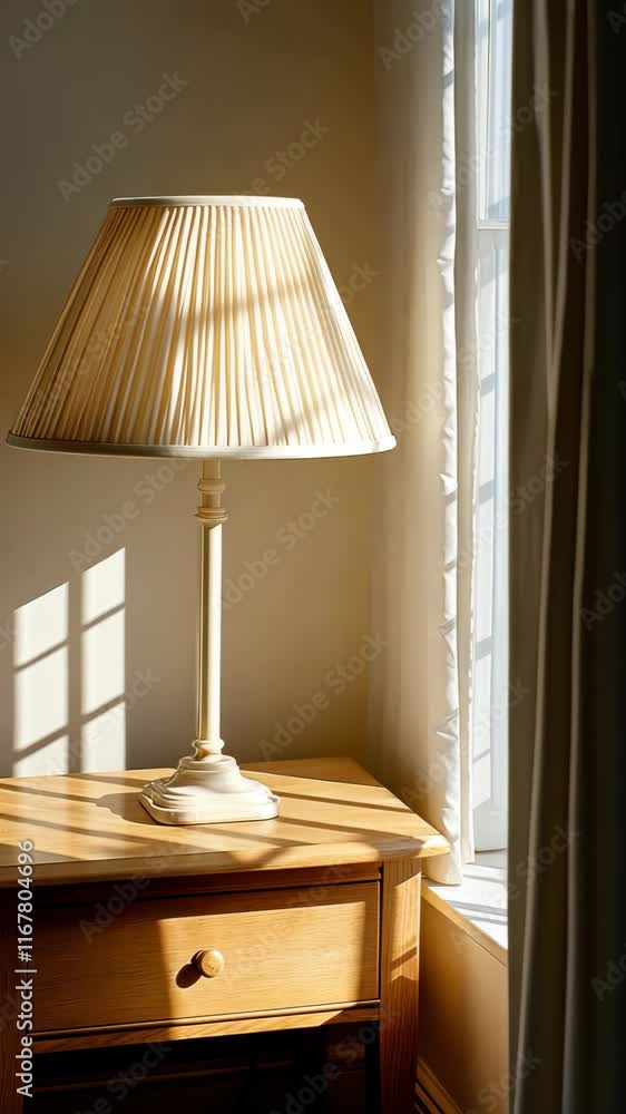Poster gentle sunlight filters through a window, illuminating a lamp and creating soft shadows on a wooden 