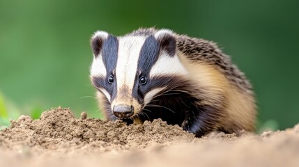Obraz premium A close-up of a badger foraging in the soil.