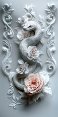 2025 Snake, Seollal, year of the Snake, Beautiful and Elegant white Snake, adorned with white flowers, for Korean LUNAR NEW YEAR, Chinese New Year	
