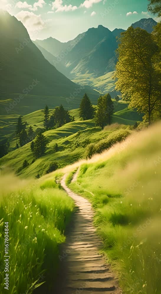 Poster serene landscape with path cutting through grassy field and mountains tranquil scene of grassy field