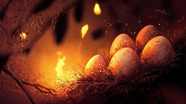 Nestled easter eggs in a natural setting with warm glowing light, celebrating the season of renewal and growth