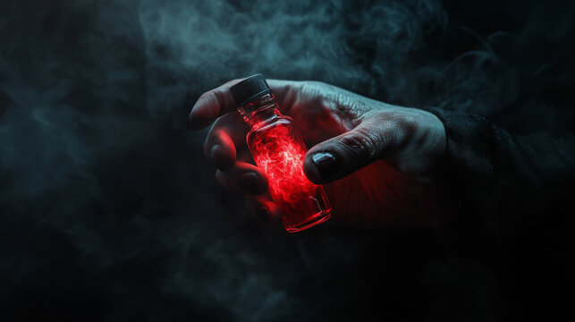 Mysterious hand holding glowing red elixir in foggy atmosphere