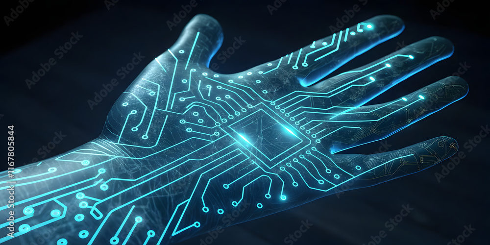 Poster abstract digital energy network with glowing patterns and fractal designs in a black space backdrop