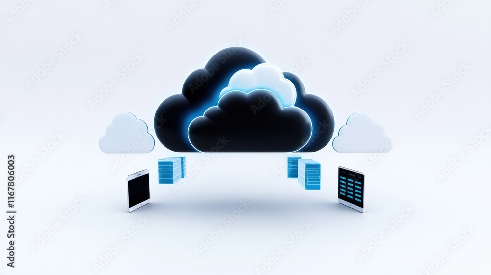 Aufkleber cloud computing concept with servers and stylized clouds.