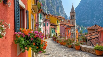 Fototapeta premium Colorful village along a scenic lakeside pathway.