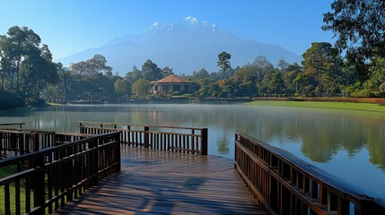 Serene lake view with mountains and wooden walkway.