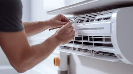 A technician repairing an air conditioning unit using tools. The hands are visible as they adjust parts of the AC system, highlighting maintenance, repair work, and home appliance servicing.