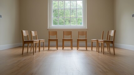 Fototapeta premium Simple Wooden Chairs Arranged in a Semi-Circle by a Bright Window in a Minimalist Room