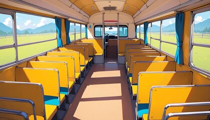 Sunny Bus Interior: Vibrant Yellow Seats and Serene Landscape
