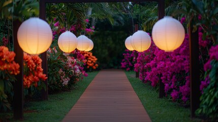 Obraz premium Enchanted Garden Pathway Illuminated by Glowing Lanterns Surrounded by Blooming Tropical Flowers at Night