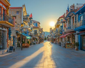 Fototapeta premium Colorful buildings line a sunlit pedestrian street.