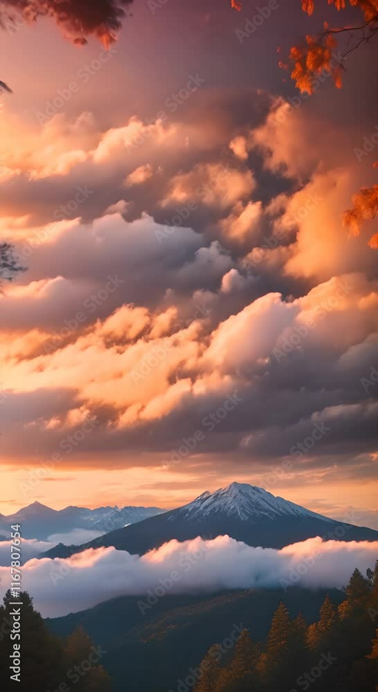 Poster a sunset over a mountain with trees and clouds in the sky scenic view of a mountain trees and clouds