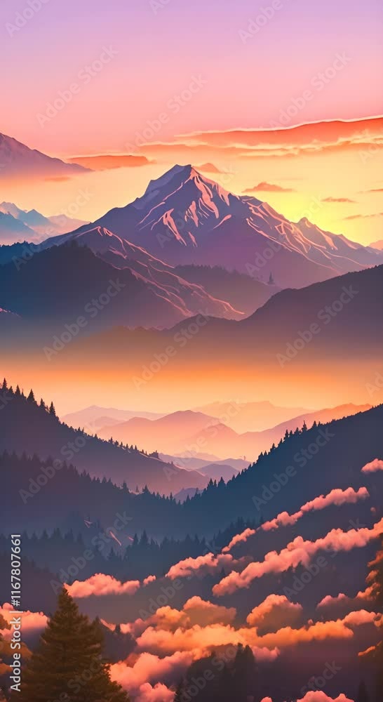 Poster a sunset over a mountain with trees and clouds in the sky scenic view of a mountain trees and clouds