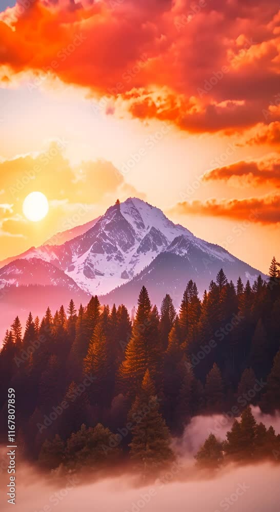 Poster a sunset over a mountain with trees and clouds in the sky scenic view of a mountain trees and clouds