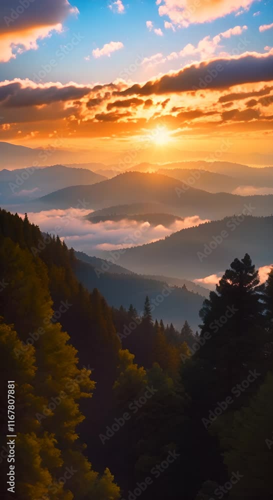 Poster a sunset over a mountain with trees and clouds in the sky scenic view of a mountain trees and clouds