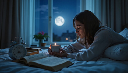 Woman reading a book by candlelight in bed on a moonlit night