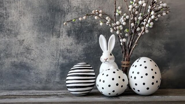 Elegant easter display with black and white decorated eggs, adorable bunny figurine, and pussy willow branches, celebrating spring's renewal