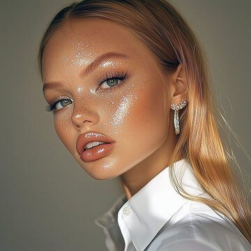 Model showcasing sparkly makeup and jewelry in a close-up portrait during a photoshoot in soft lighting