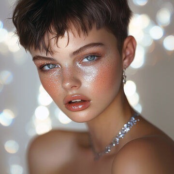Model with sparkling makeup posing in front of a blurred luminous background at a photoshoot