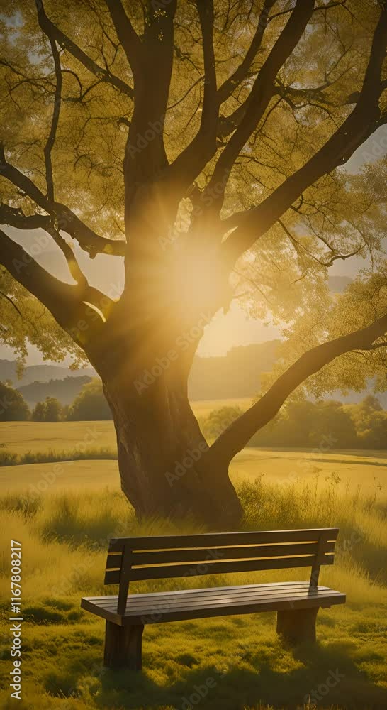 Poster a serene sunlight scene of a tree and bench under another tree in a vast field offering a peaceful s