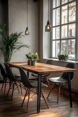 Minimalist business workspace with modern decor and empty chairs, 