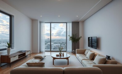 Fototapeta premium Minimalist a japandi interior in an apartment living room with white-finished walls and cushioned sofa and table generative ai Japandi interior design interior design japandi style modern