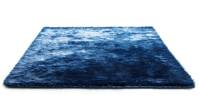 Blue rectangular carpet with a detailed texture, perfect for modern home or kids room interiors, on white background. Cut out rug. Contemporary, Scandinavian style. Front view