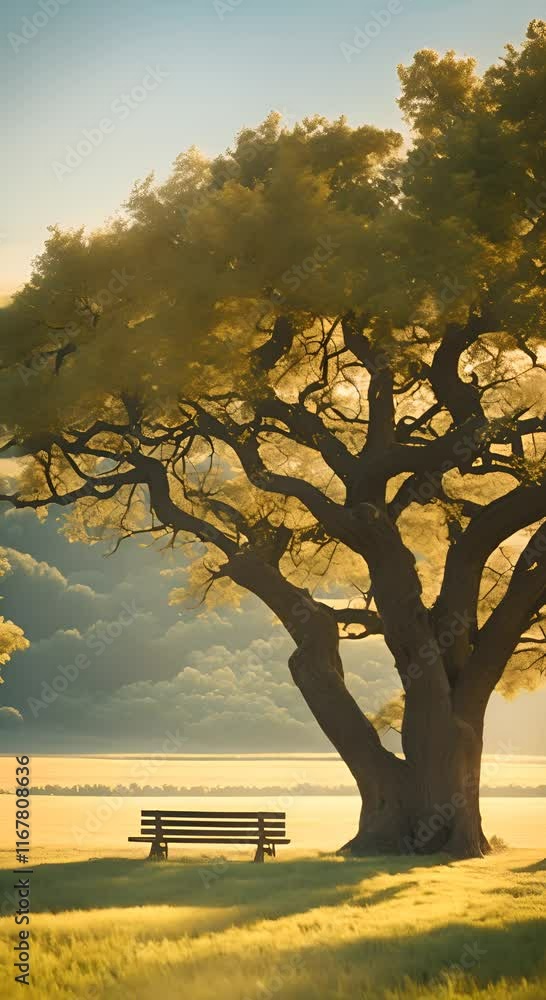 Poster a serene scene of a tree and bench under another tree in a vast field offering a peaceful spot for r