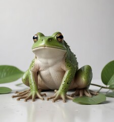 Obraz premium A large frog sits in front of a white background with a subtle leaf pattern, frogs and toads, animal photography, forest