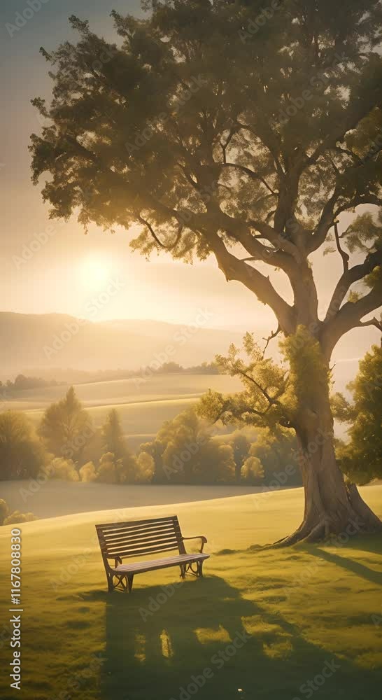 Poster a serene scene of a tree and bench under another tree in a vast field offering a peaceful spot for r