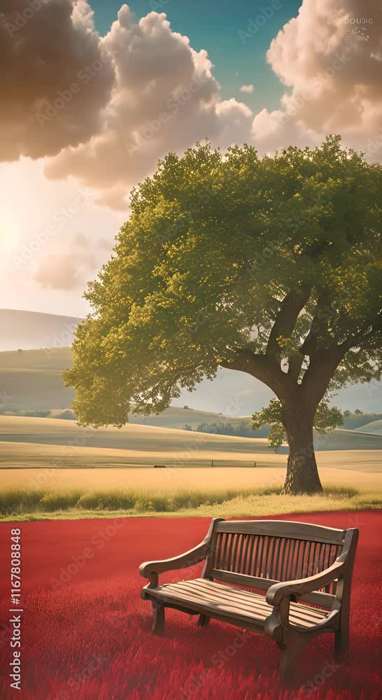 Poster a serene scene of a tree and bench under another tree in a vast field offering a peaceful spot for r