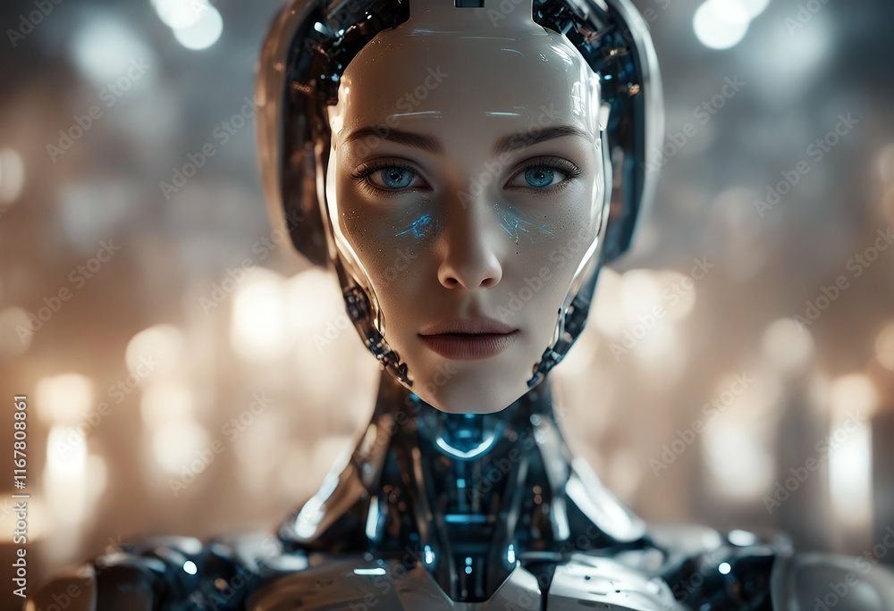 Poster robot face ai android concept artificial generative portrait female intelligence