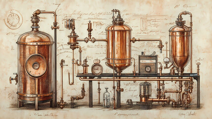 Bourbon distillery patent drawing pencil watercolor vintage artwork invention, copper, plumbing, call outs. Moonshade. Illustration