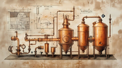 Bourbon distillery patent drawing pencil watercolor vintage artwork invention, copper, plumbing, call outs. Moonshade. Illustration