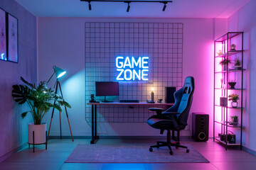 Design a vibrant and immersive gaming studio setup in a neon techno style. The room should feature a glowing neon sign that reads 'Game Zone' as the focal point - generated by ai copia