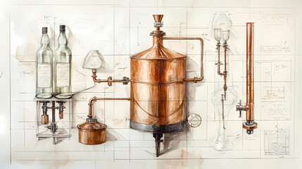 Bourbon distillery patent drawing pencil watercolor vintage artwork invention, copper, plumbing, call outs. Moonshade. Illustration