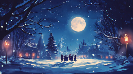 Enchanting winter carolers singing under the moonlight in a joyous christmas scene, digital illustration of holiday celebration concept. Moonshade. Illustration