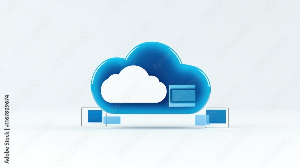 Poster cloud storage icon with data transfer symbols in a modern design.