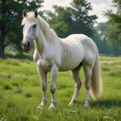 Obraz premium Beautiful white horse with intricate markings on its coat, standing proudly in a lush green meadow, beautiful, elegant , forest
