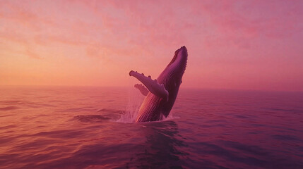 Fototapeta premium Whale breaching in pink sunset over calm water..