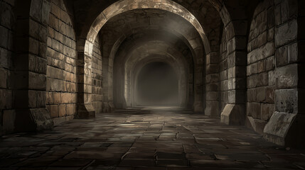Obraz premium Dark, stone tunnel with arched ceiling, lit by a single ray of light..