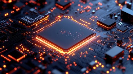 Close-up of a glowing processor chip on a circuit board.
