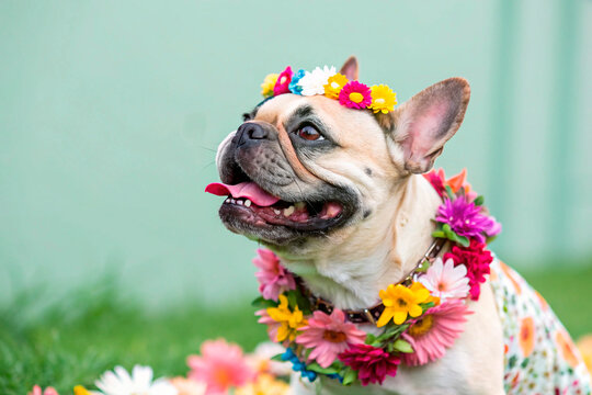 french bulldog covered with flowers - generated by ai copia